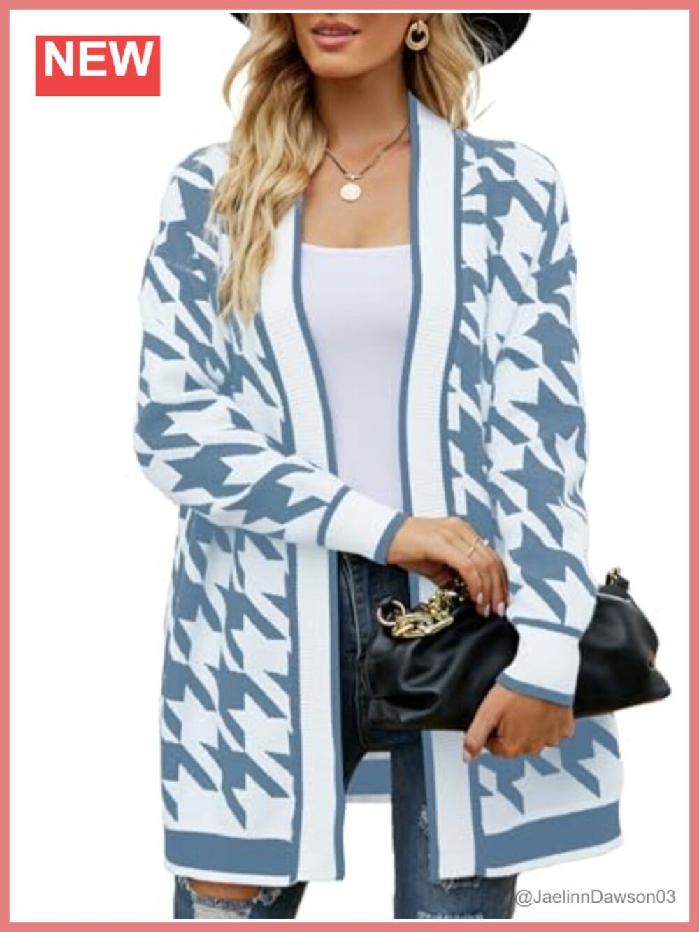 Womens Houndstooth Cardigan Sweater Lightweight Open Front Long Sleeve Knit